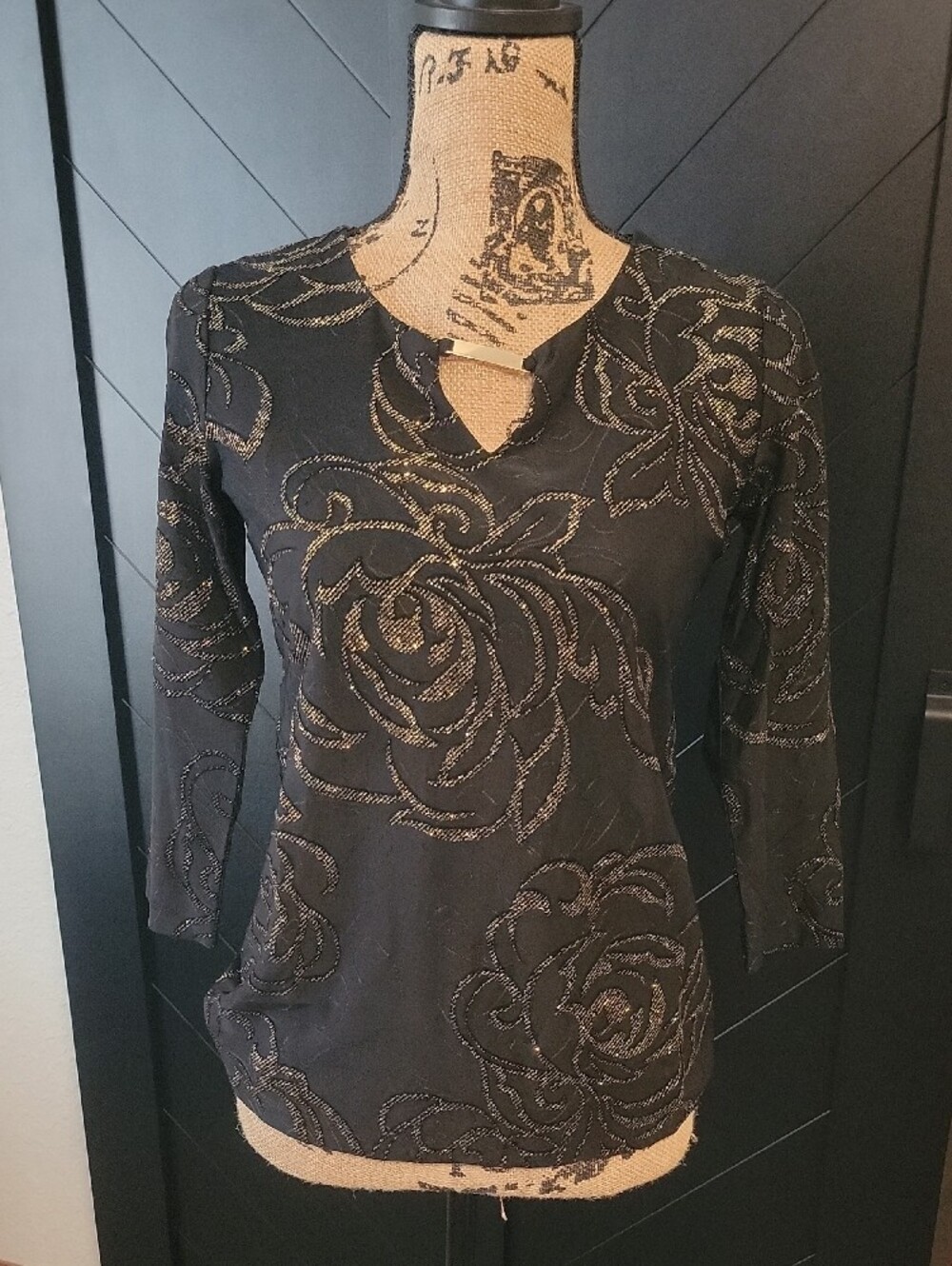 Black Jacquard Knit Top with Gold Thread Detail NWT